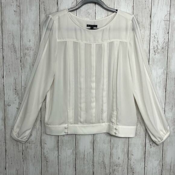 Adrianna Papell Sheer White Long Sleeve Pin Tuck Button Detail Blouse Large - Picture 1 of 12
